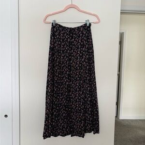 Vtg 90s At Last Black and Pink Floral Button Down Maxi Skirt